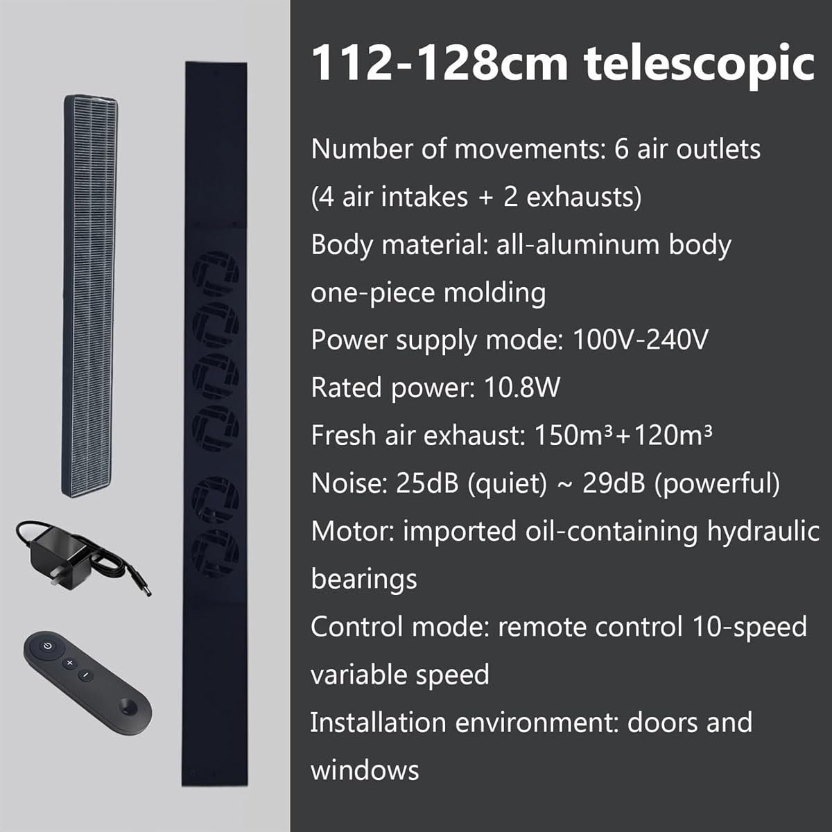 Ventola di scarico retrattile per finestra, design impermeabile regolabile, telecomando a 10 velocità, 6 prese d'aria, flusso d'aria 300 m³/h, per camera da letto o cucina