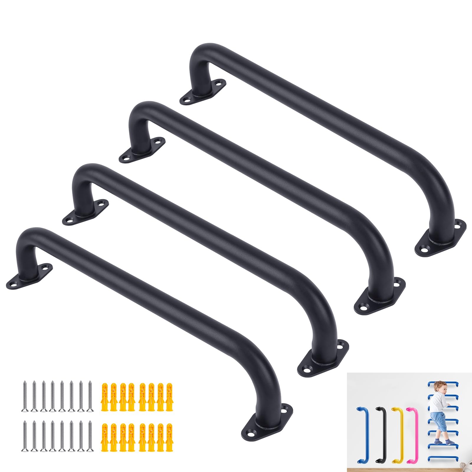 BiJun Lot de 4 poignées d’aire de jeux en métal 43,2 cm, barres de singe pour intérieur/extérieur, cadres d’escalade, cabanes et échelles murales (noir)