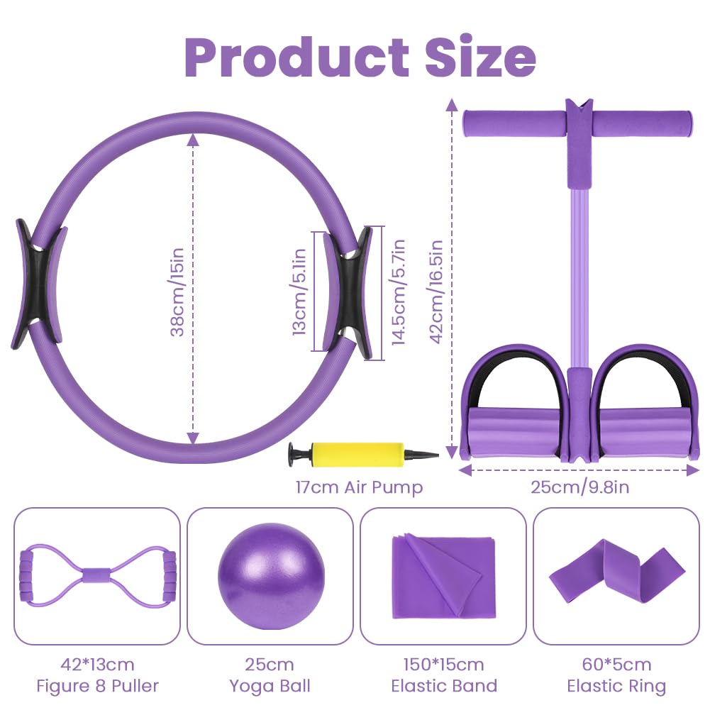 Zestaw pierścieni do pilatesu, 15''/38cm Magic Circle z podwójnymi uchwytami, 6-częściowy zestaw niezbędnych akcesoriów do pilatesu zawierający lateksową taśmę oporową, piłkę do jogi, elastyczny