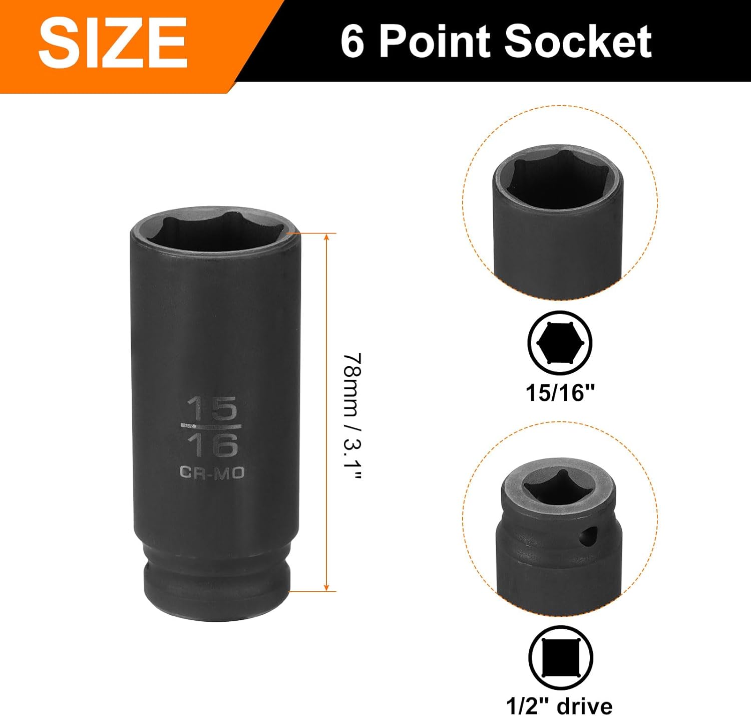 HARFINGTON 3pcs 6 Point Shallow Impact Socket 15/16" Socket 1/2" Square Drive 78mm (3.1") Long 40cr Alloy Steel for Home Auto Axle Hex Nuts Bolts Repair, Black