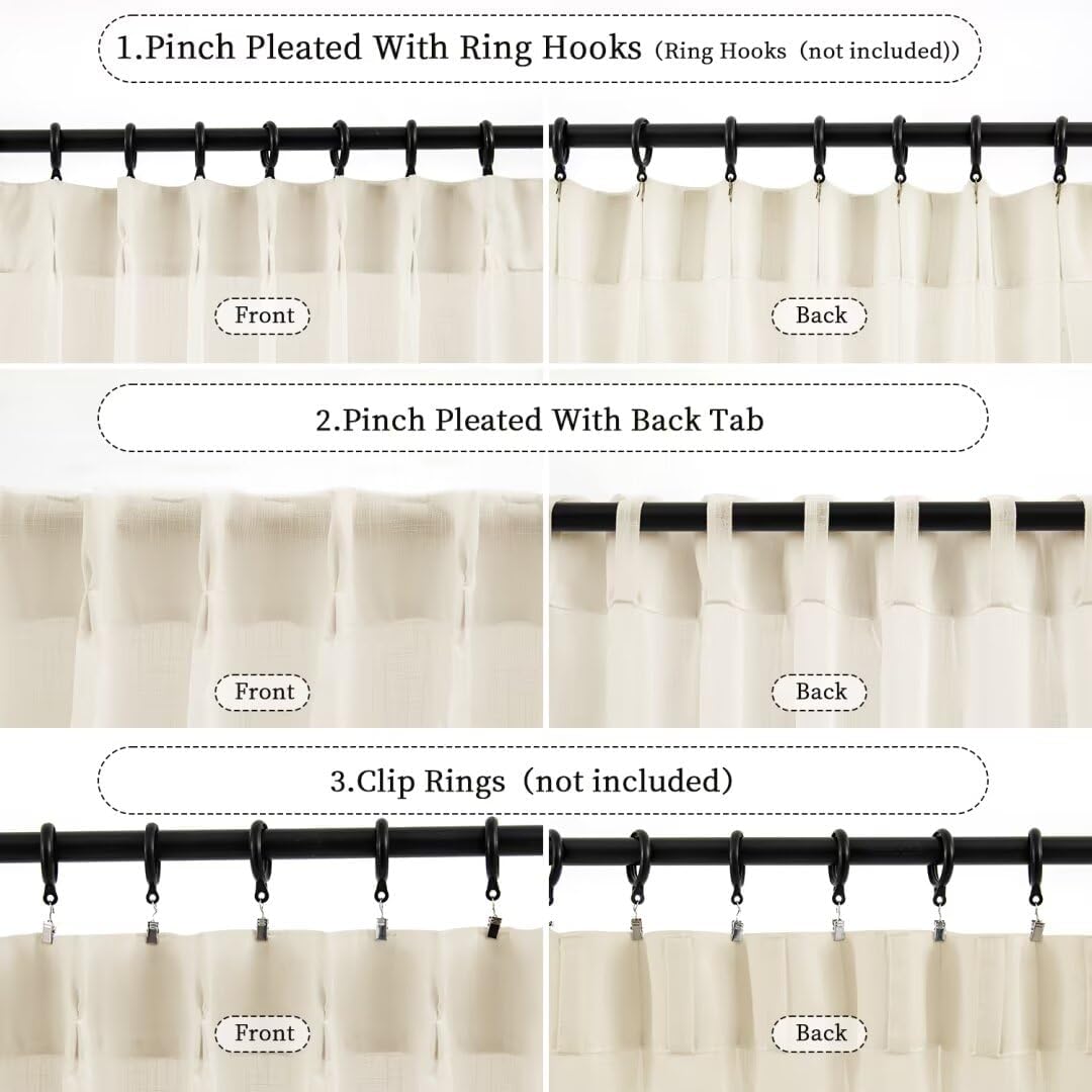 Pinch Pleated Curtains 2 Panels, Linen Textured Semi Sheer Curtain 102 Inches Long Back Tab Light Filtering Voile Window Drapes for Living Room, Bedroom, Farmhouse, 40 Inch x 102 Inch Ivory