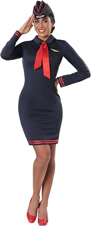 Workin the Skies Womens Flight Attendant Costume - Includes Dress, Hat, Scarf, Wing Pins