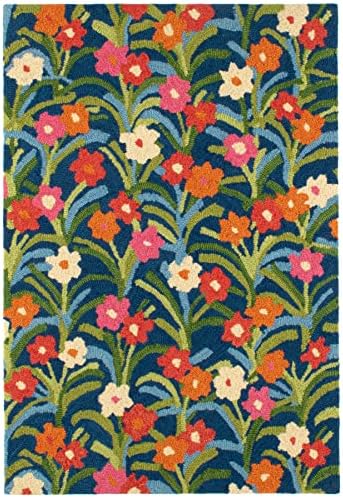 Dash and Albert Playful Posies Navy Hand Micro Hooked Wool Rug, Runner-2.5 X 8 Feet, Multi/Blue Floral Pattern