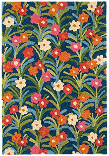 Dash And Albert Playful Posies Navy Hand Micro Hooked Wool Rug, Runner-2.5 X 8 Feet, Multi/Blue Floral Pattern #TOP21
