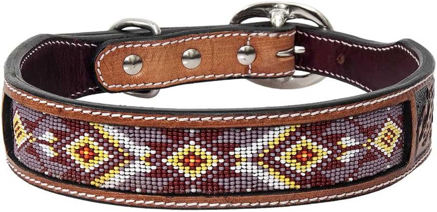 HILASON Tan Medium Strong Genuine Leather Dog Collar Beaded Medium| Collar| Handmade Soft Hand Tooled