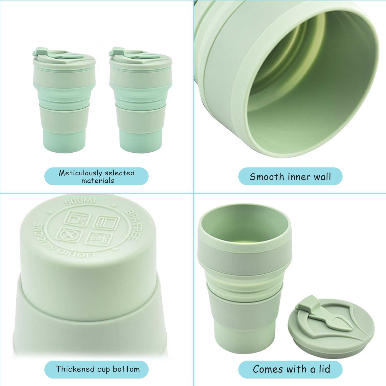 Faltbarer Reisebecher, Silikon, mit Deckel, 350ml, 4 Stück | Wiederverwendbar, Für Camping, Für Wandern, Für Reisen, Für Picknick