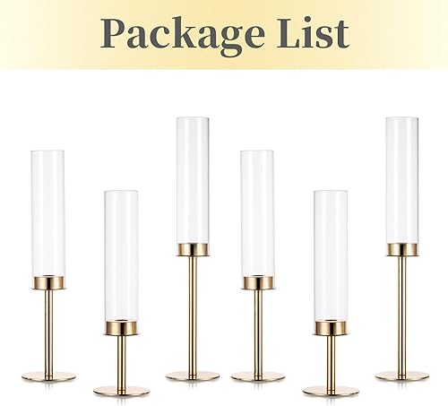 Miniatura 6 de Hewory Portavelas dorados para huracán, 6 portavelas de palo, candelabros, portavelas cónicos con cubierta de vela de vidrio para mesa de boda,