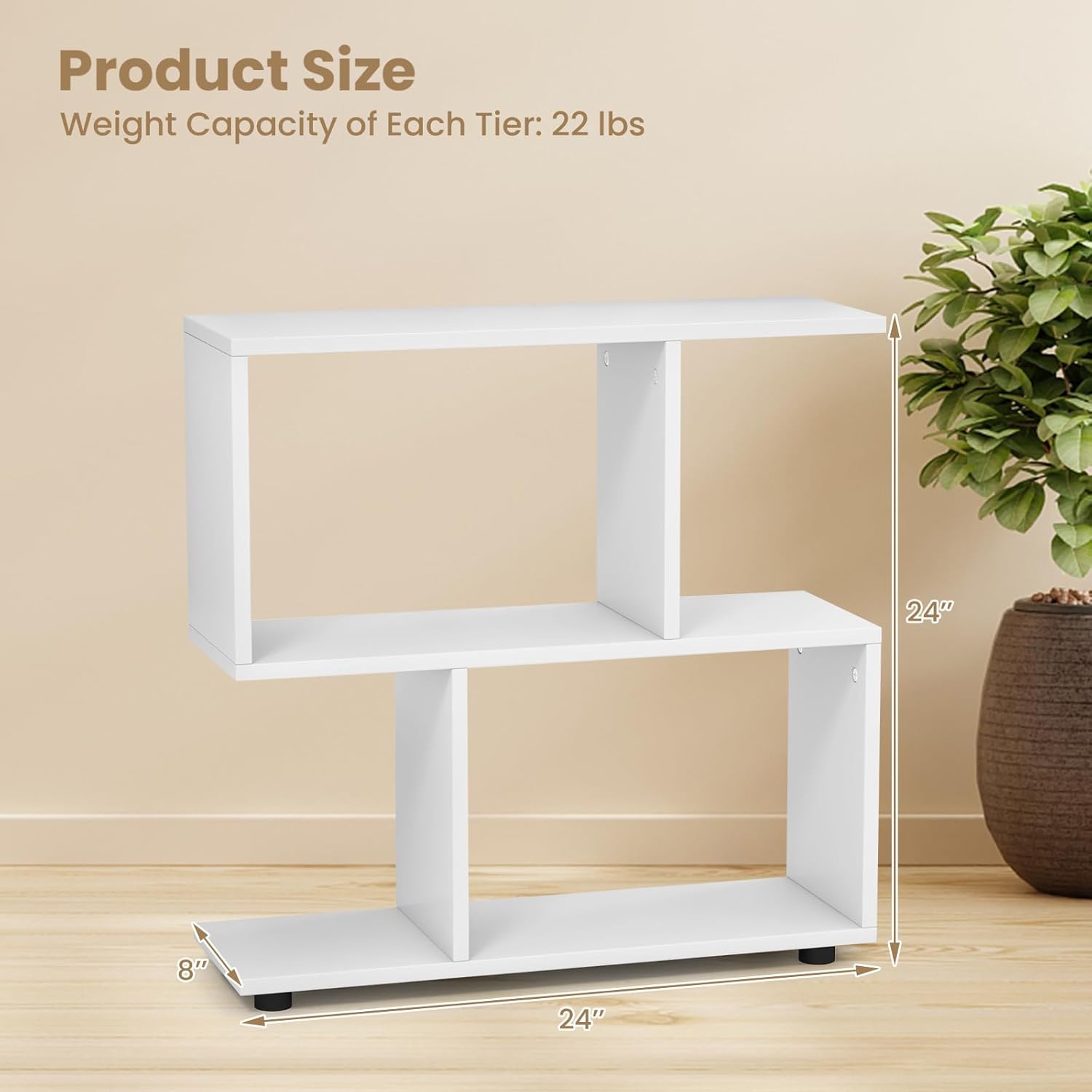 2 Tier Geometric Bookcase, 24" Tall S-Shaped Bookshelf with Staggered Open Cubes, Wooden Display Shelf Storage Organizer, Small Bookshelf for Small Spaces, Living Room (2, White)
