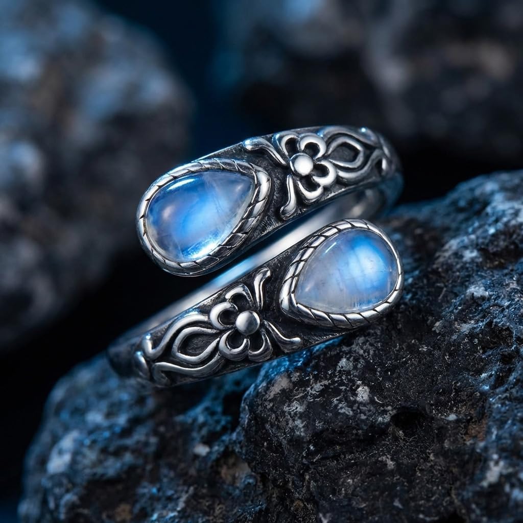 Birthstone Rings for Women Silver Tone Moonstone Chunky Unique Design Boho Adjustable Vintage Elegant Thumb Statement Birthstone Ring Fashion Jewelry for Daily Wear Birthday Occasion