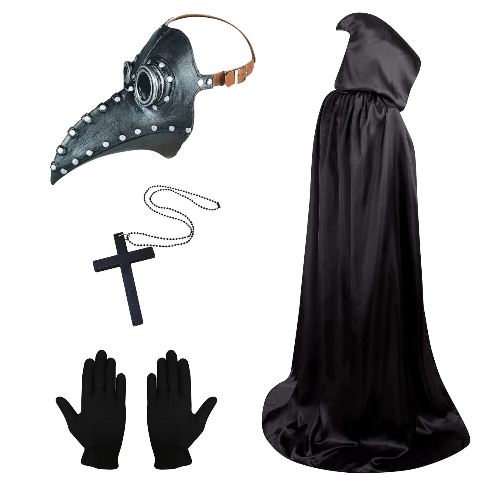 Lifreer Plague Doctor Mask, Plague Doctor Costume, Adult Halloween Costumes for Men Women Masquerade Cosplay Props, Gothic Steampunk Bird Beak Mask with Black Hooded Cloak Gloves Cross Necklace