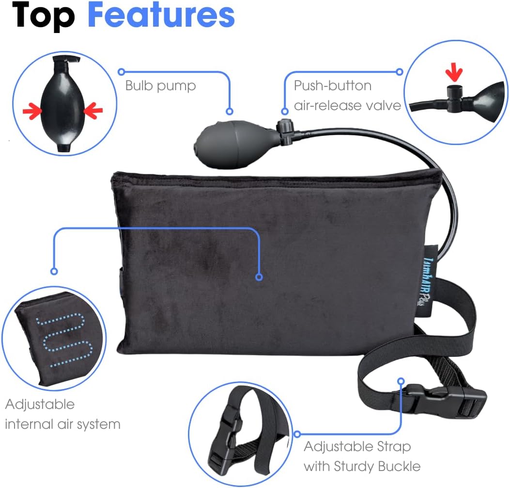 Innotech LumbAIRPlus – Premium Portable Inflatable Lumbar Support Cushion with Enhanced Adjustable Air System for Customized Comfort, Black