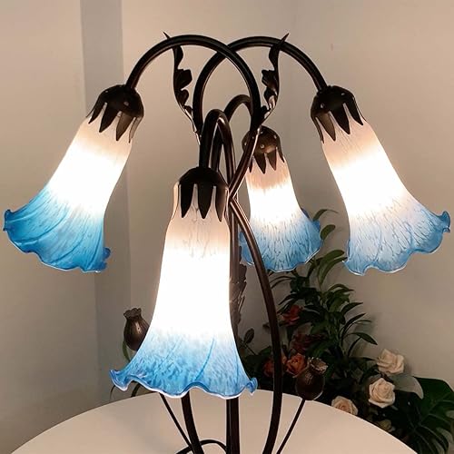 Miniatura 4 de Bieye L10854Lámpara de mesa de acento de vidrio soplado con diseño de flores de lirio para decoración de sala de estar y dormitorio (4 luces, azul)