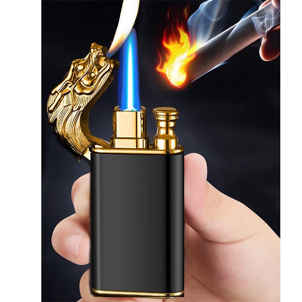 Magic Double Fire Dragon-aansteker, Dragon Double Fire-aansteker, winddichte, coole dubbele jetvlam-butaanaansteker, binnen en buiten hervulbare butaanaansteker geen butaan (Color : Black