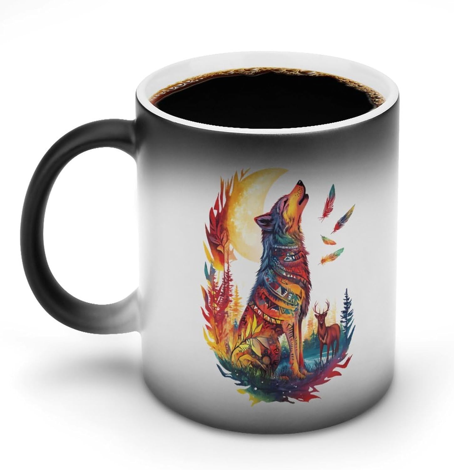 Wolf Howling at The Moon Deers Color Changing Mug Heated Ceramic Cup Heat Sensitive Coffee Mug Fun Gift