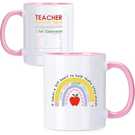 Teacher Appreciation Gifts Teacher Cups Thank You Gifts for Women Ceramic Rainbow Teacher Coffee Mugs Inspirational Teacher Presents for Women Travel Graduation Day, 11 oz Microwave Safe (Pink, White)