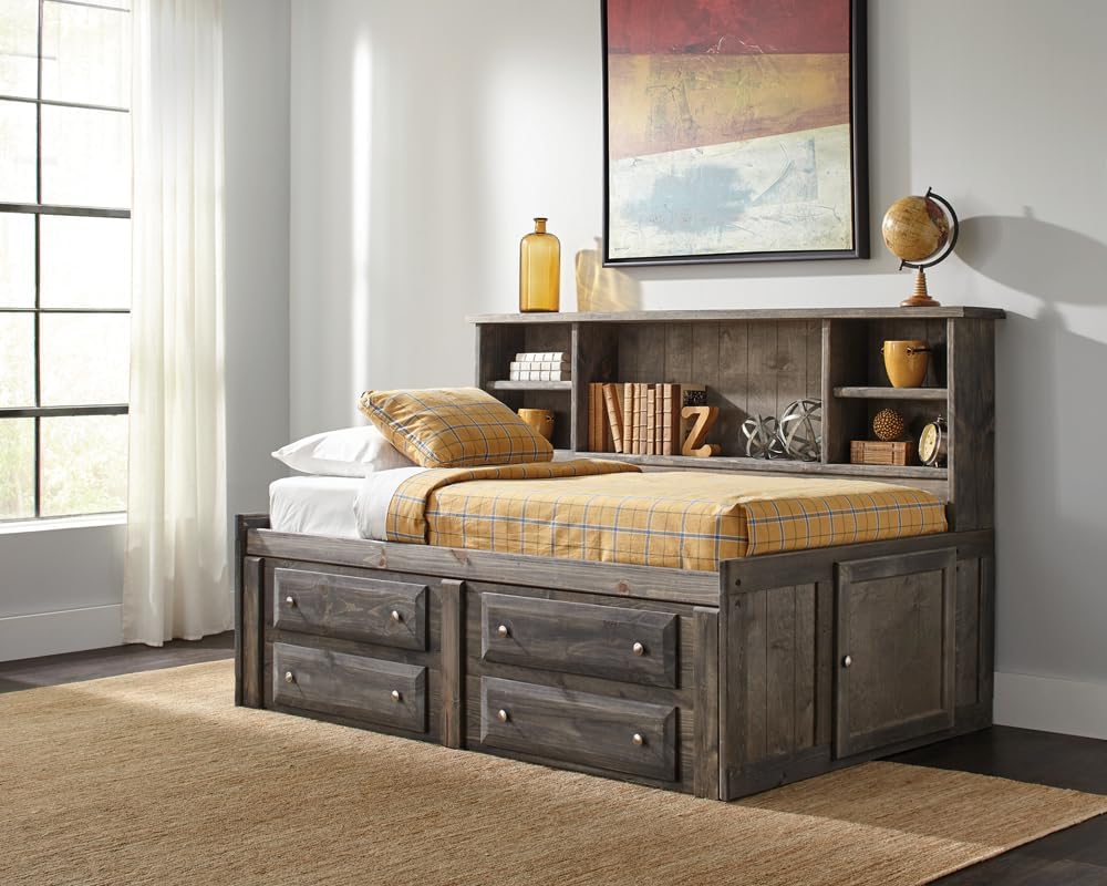 Coaster Home Furnishings Wrangle Hill Farmhouse Wood Twin Size Bookcase Daybed with Trundle Bed for Guestroom 50-inch Headboard Bedroom Lounger Gunsmoke 400840T