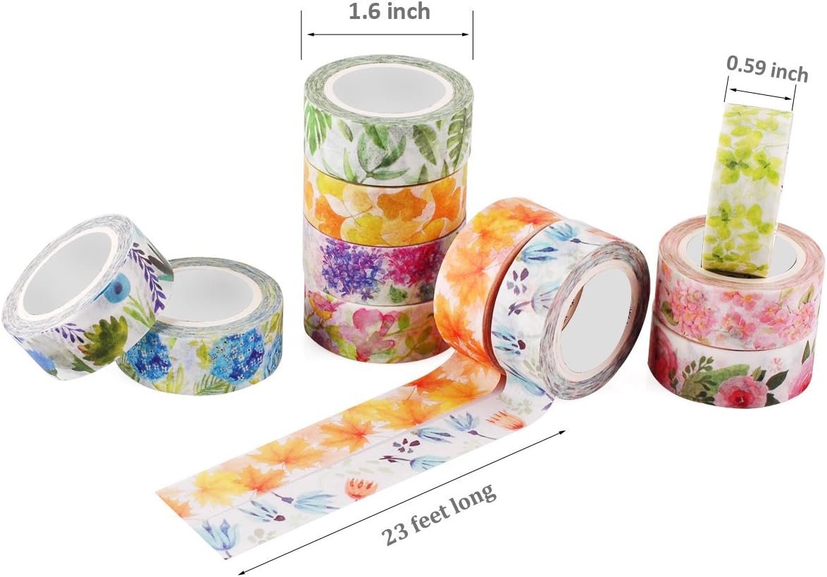 Knaid Floral Washi Tape Set, Assorted 12 Rolls of Spring Flower Decorative Paper Tapes for Arts and DIY Crafts, Scrapbooking, Bullet Journal, Planner, Gift Wrapping, Holiday Decoration