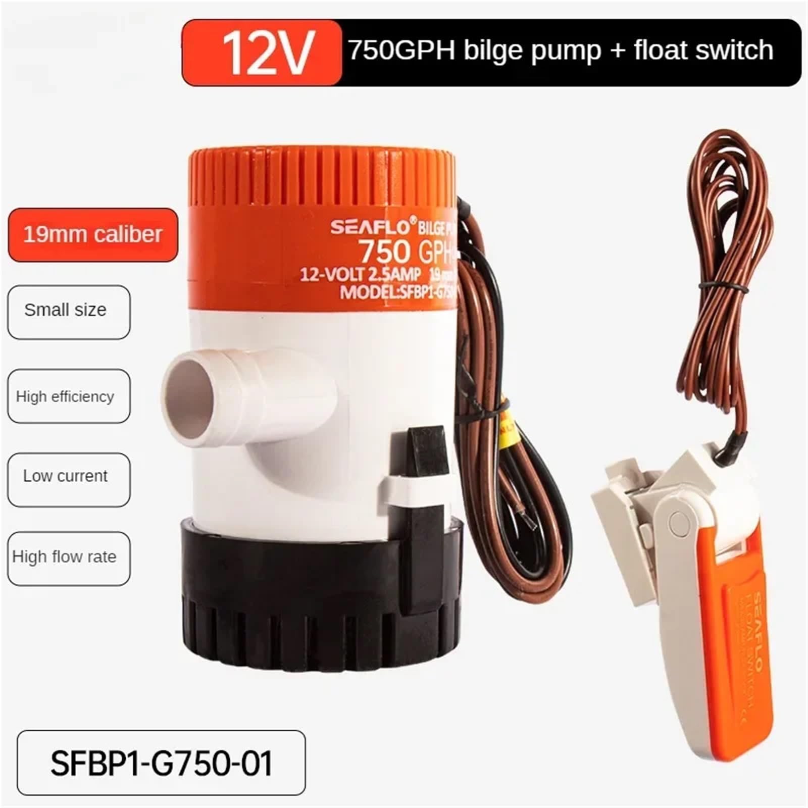 Zatapialna elektryczna pompa wodna 750/1100 GPH, mini pompa zęzowa 12 V, filtr wody, odpływ wody, łódź, część zamienna (przełącznik 12 V 750GPH)