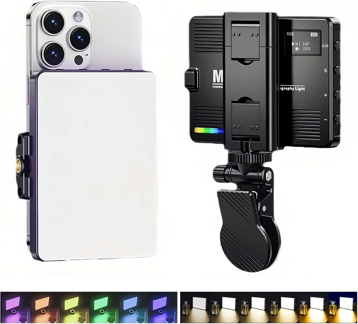 LED Selfie Light for Phone, 1500mAh Rechargeable Selfie Light RGB Full Color Cell Phone Clip on Video Light, Dimming 3000K to 9900K LED Portable Video Photography Lighting for Tablet Laptop