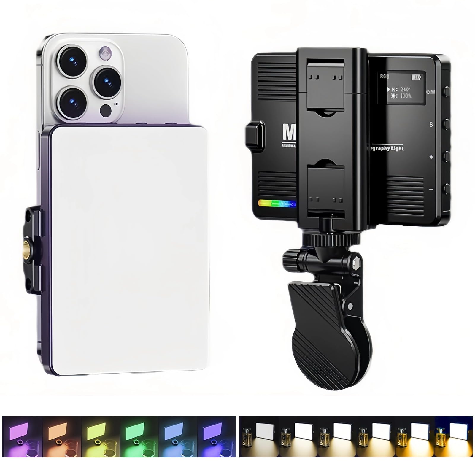 LED Selfie Light for Phone, 1500mAh Rechargeable Selfie Light RGB Full Color Cell Phone Clip on Video Light, Dimming 3000K to 9900K LED Portable Video Photography Lighting for Tablet Laptop