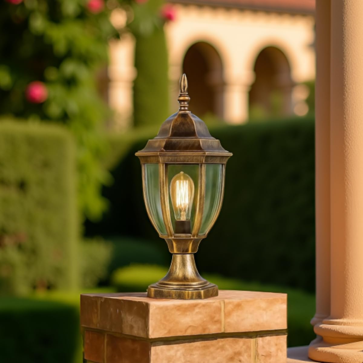 Antique Brass Outdoor Gate Light, Classic Lantern Style Pillar Post Lamp with Clear Glass Panels-image-12
