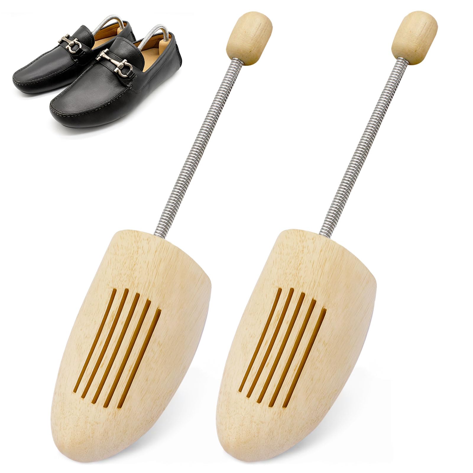 Schuhspanner Holz 2 Stück Shoe Tree Mit Stahlfeder Herren Damen, Stiefelspanner aus Echt-Holz mit Metall-Spiralfeder für Alle Schuhgrößen 42-46 für Stiefel oder Sneaker.