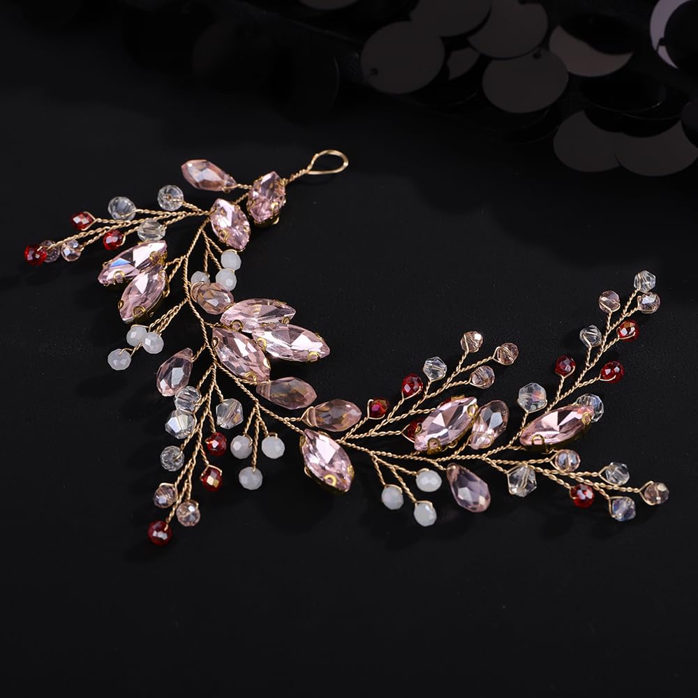 Octwine Bridal Pink Headpiece Handmade Wedding Headband Hair Vine Bead Crystal Rhinestoens Headband Bridal Wedding Hair Accessories - Image 4