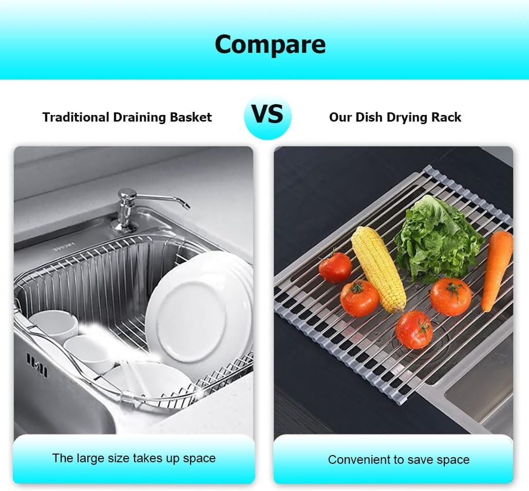 2 Pcs Roll Up Over The Sink Dish Drying Rack, Rollable Kitchen Sink Cover Accessories Gadget, Multipurpose Organizer Foldable Rolling up Stainless Steel Drainer(Purple,52x23cm/20.5x9.1in) image 4