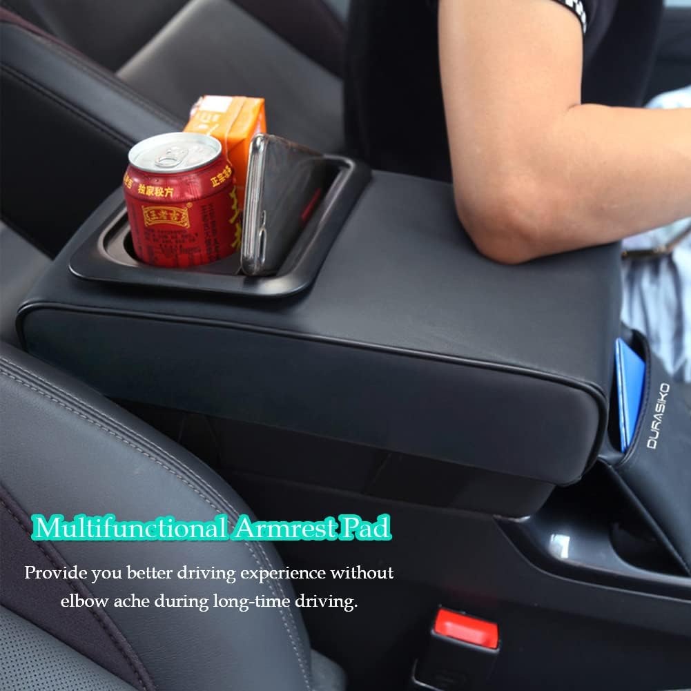 Car Center Console Pad with Front Storage Pocket for Phone,PU Leather Armrest Cushion with Cup Holder,Elbow Rest Pillow,Universal Car Armrest Seat Box Cover Protector for Most Vehicles