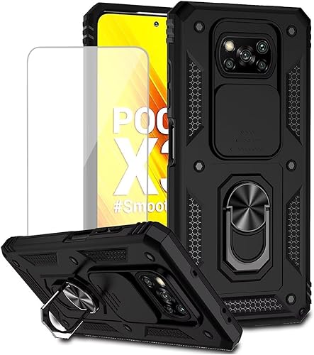 Funda para Poco X3 NFCPoco X3 ProPoco X3 con protector de pantalla de vidrio templado y cubierta de cámara deslizante, anillo magnético Soporte de
