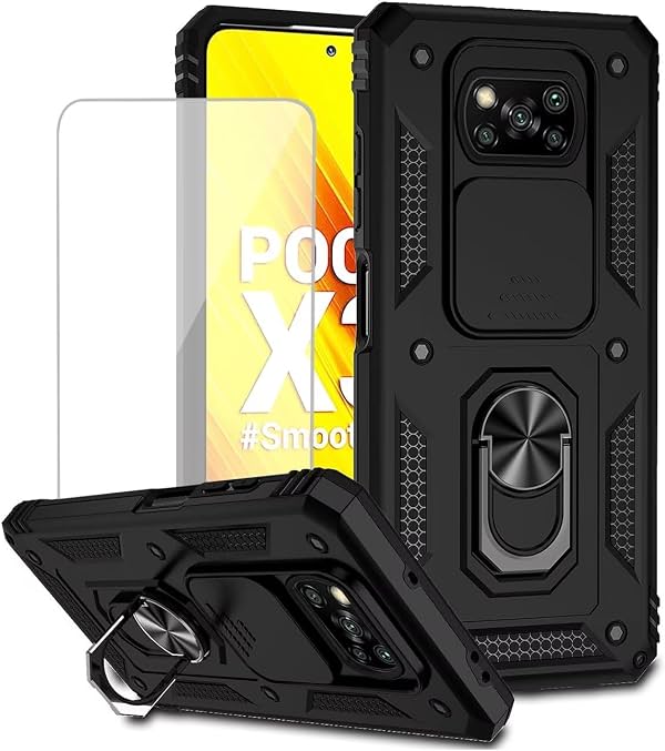 Funda para Poco X3 NFC/Poco X3 Pro/Poco X3 con protector de pantalla de vidrio templado y cubierta deslizable para cámara, soporte magnético con anillo para auto, protectora con soporte, para Xiaomi Poco X3 NFC, color negro