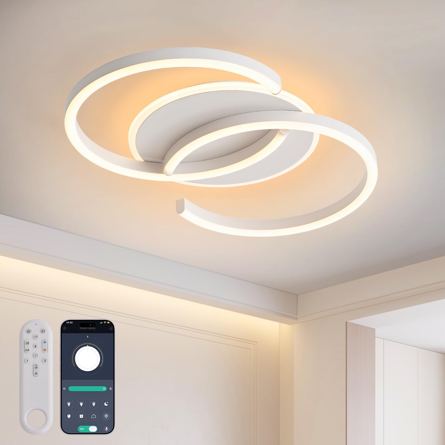 Meloweel LED Deckenleuchte Dimmbar weiß schwarz „S“ 2-Ringe, 40 50 60cm Farbtemperatur 3000-6000K, Helligkeit 2-40W, Mit Fernbedienung/Mobile APP, Memory-Funktion, 2-4W Nachtlicht, Timer-Funktion
