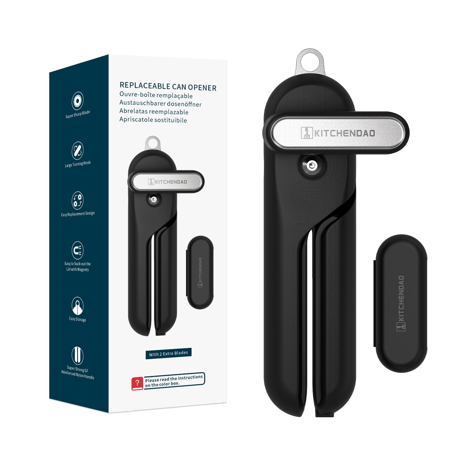 KITCHENDAO Replaceable Can Opener with 2 Extra Blades, Handheld Smooth Edge Cut Tin Opener, Super Sharp Manual Can Opener with Magnet, Large Turning Knob for Seniors & Arthritis, Black