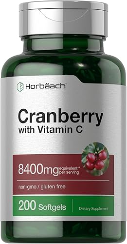 Horbäach Pastillas de arándano con vitamina C 8400 mg 200 cápsulas blandas Suplemento de extracto concentrado Sin OMG, sin gluten