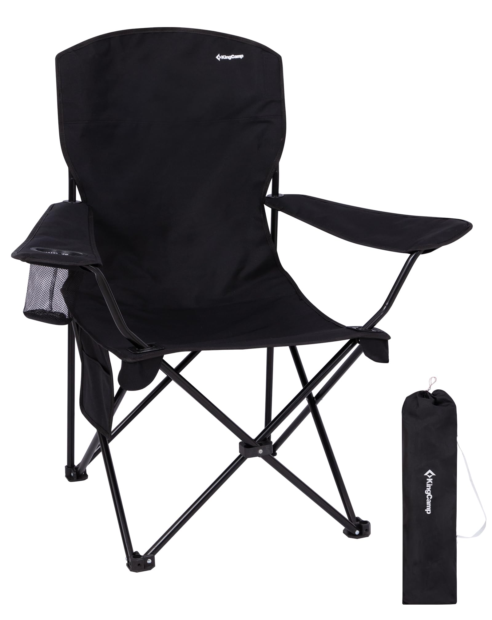KingCamp Folding Camping Chair Heavy Duty 150kg, Ergonomic Padded Outdoor Armchair with Cup Holder & Side Pocket, Portable Steel Frame Camp Seat for Garden, Beach, Fishing and Picnic Black
