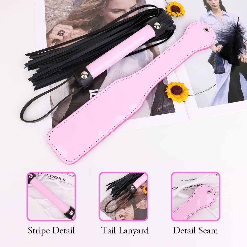 4PCS SM Bondage Set Sex Whip Adult Paddle Slap Leather Whip Flirting Feather Tickle and Bells Nipple Clamps for Adults Sex Games (Pink)