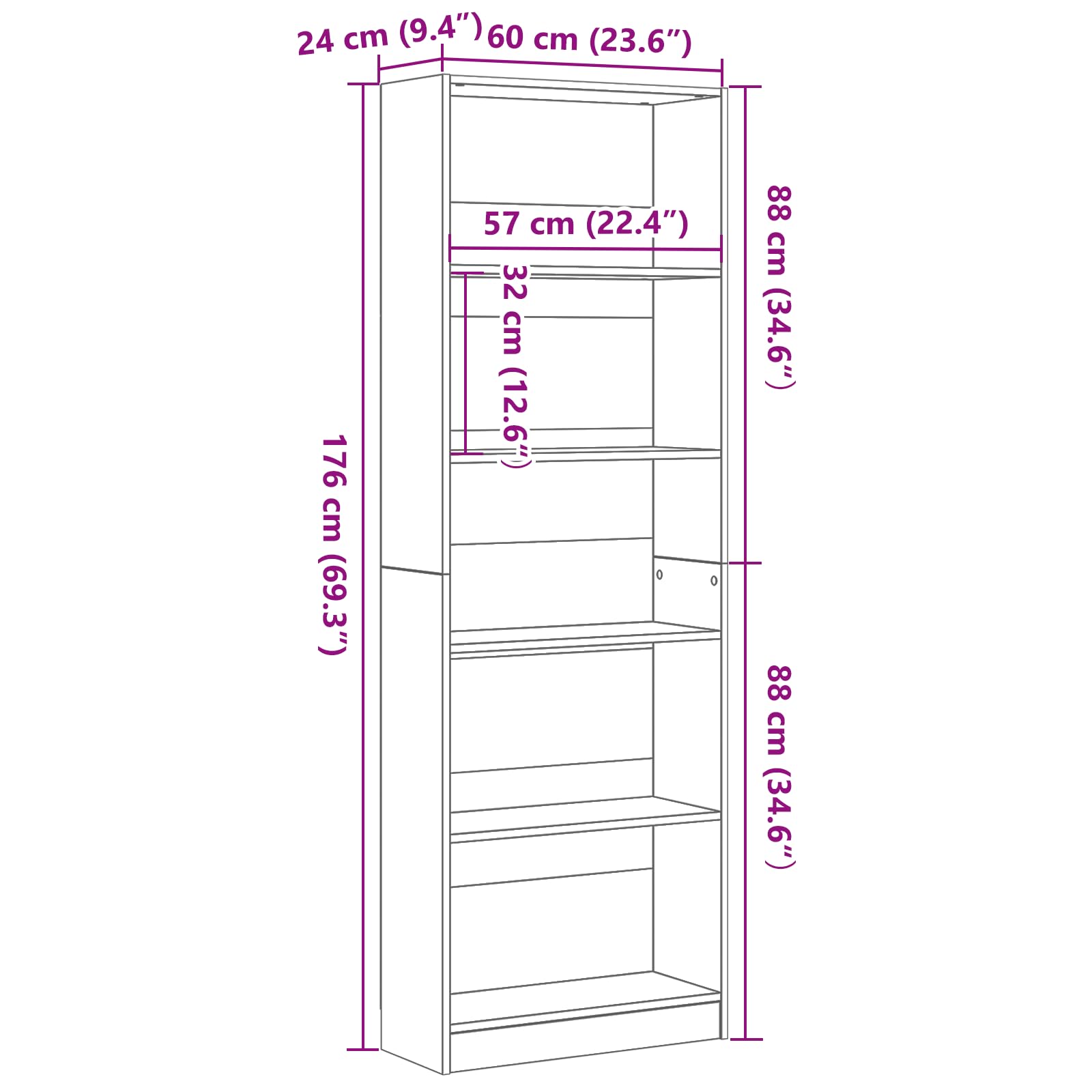 Generisch Bücherregal Schwarz Eichen-Optik 60 x 24 x 176 cm Holzwerkstoff,Möbel,Regalsysteme,Bücherregale Bücherschränke-862468