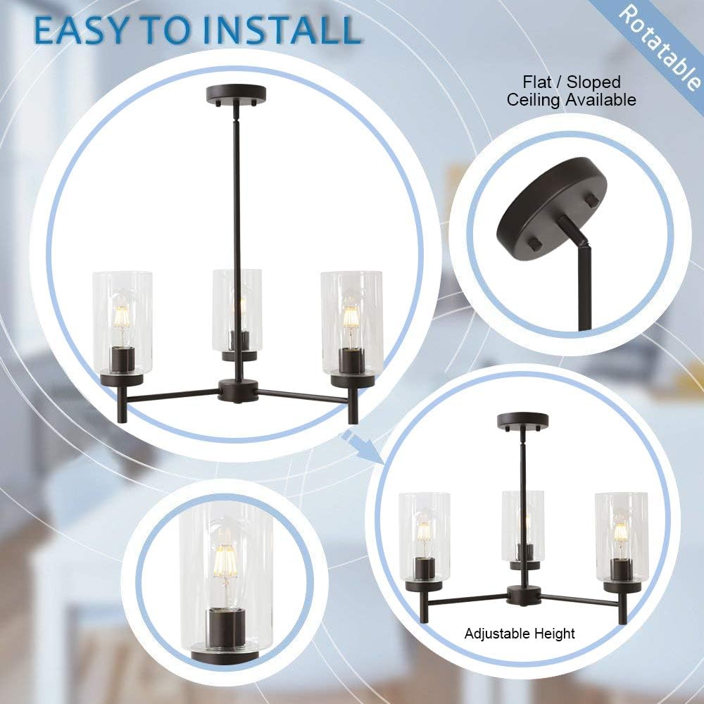 Best Review VINLUZ Contemporary 3-Light Chandeliers Rustic Clear Glass Shades Pendant Lighting Oil Rubber Bronze Dining Room Lighting Fixtures Hanging Adjustable Wire Semi Flush Ceiling Lights