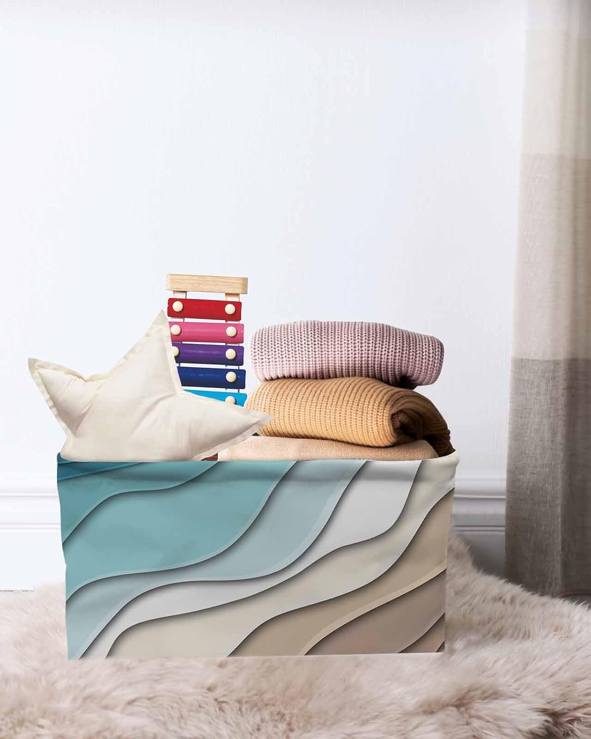 Geometric Storage Basket Teal Blue Large Foldable Storage Bins with Handles Brown Modern Abstract Ocean Wave Waterproof Fabric Laundry Baskets for Organizing Shelves Closet Toy Gifts Bedroom Decor