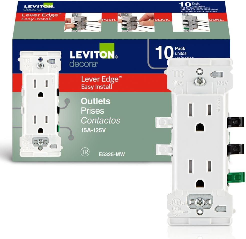 Leviton Lever Edge 15 Amp Tamper-Resistant Duplex Wall Outlet, 10-Pack, E5325-MW, White