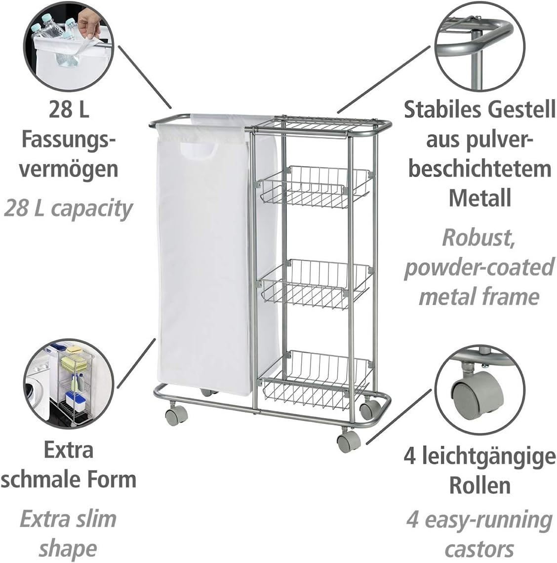 WENKO 3 Tier Rolling Cart with Removable Storage Bag, Utility Cart Made of Steel, Rolling Storage Cart in Grey, Bathroom, Kitchen Organizer, Capacity 7.4 Gal, 7.9 x 22.8 x 31.5 inch