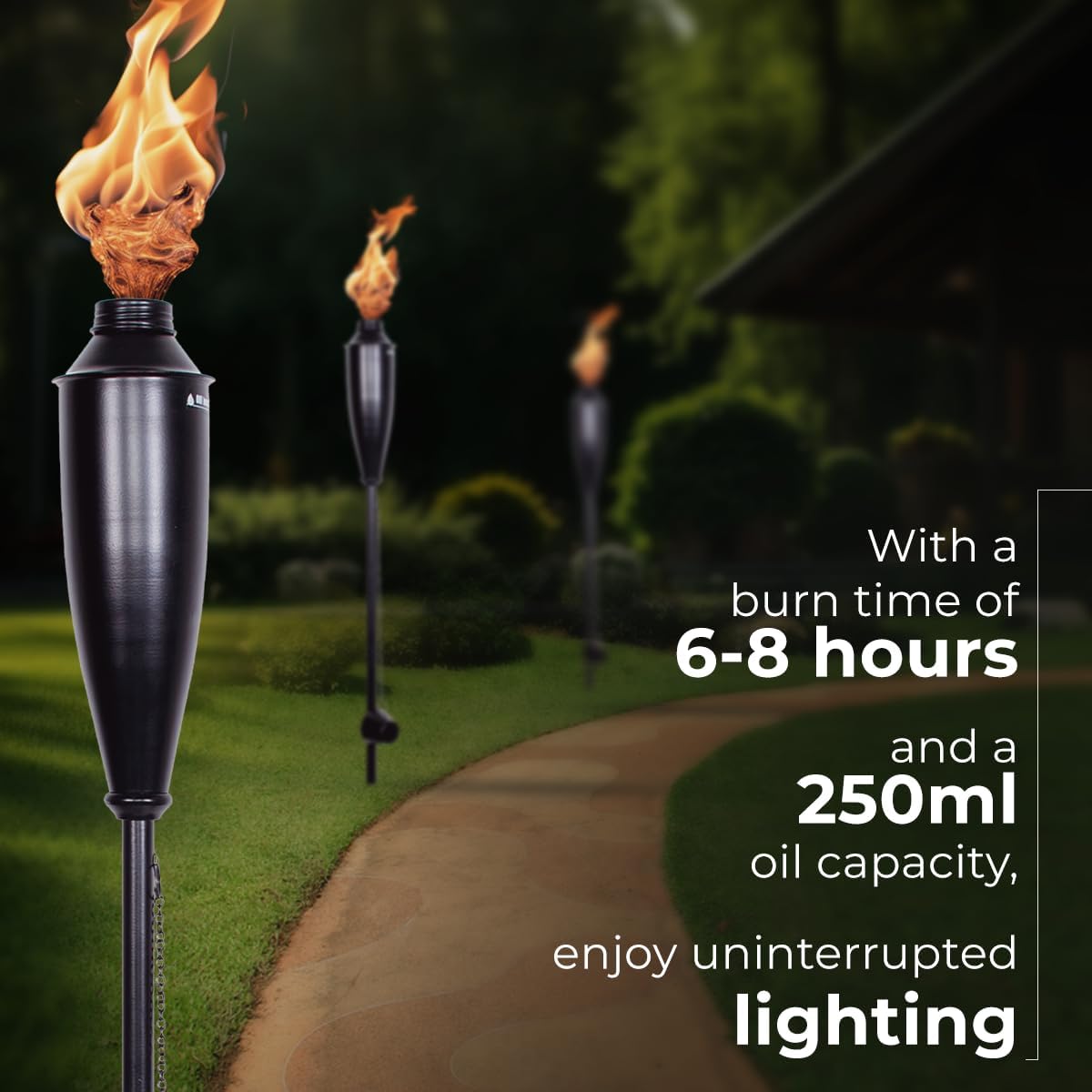 Deco Window Garden Torch for Outside | Metal Citronella Oil Lamps for Outdoor Use | Patio Lanterns | Ligniting Torch for Backyard & Landscape, Black, 60" (Set of 8)