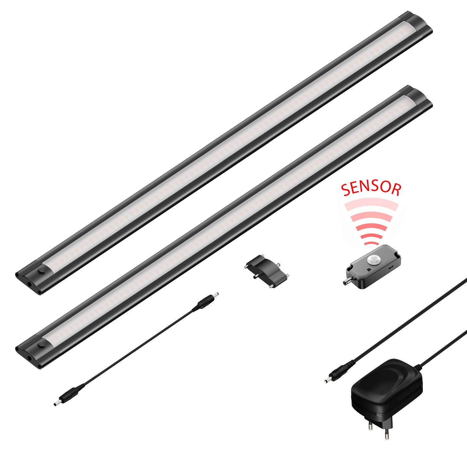 ledscom.de Set di 2 apparecchi LED sottopensile SIRIS nero opaco con rilevatore di movimento, piatto, ciascuno 50cm, ciascuno 531lm, bianco caldo