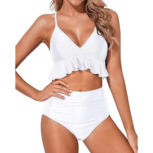 Tempt Me Women Two Piece Swimsuits High Waisted Bikini Set Ruffle Flounce Tummy Control Bottoms Bathing Suit