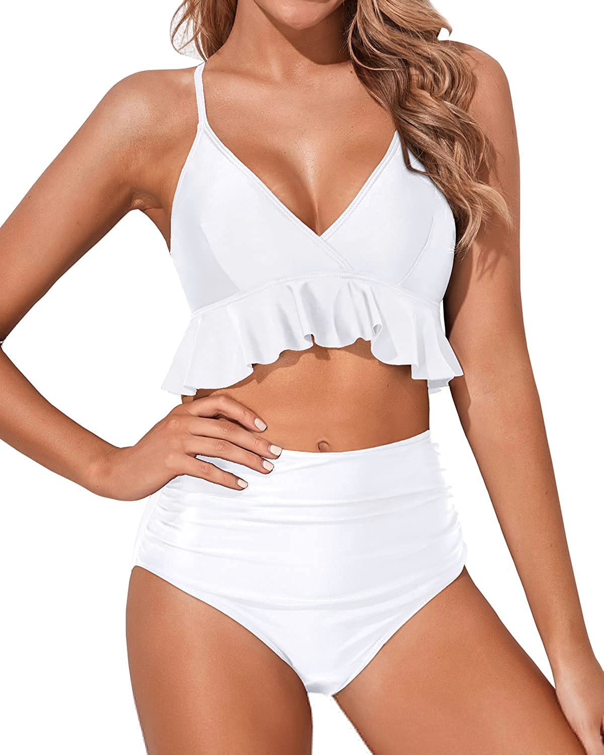 Women Two Piece Swimsuits High Waisted Bikini Set Ruffle Flounce Tummy Control Bottoms Bathing Suit