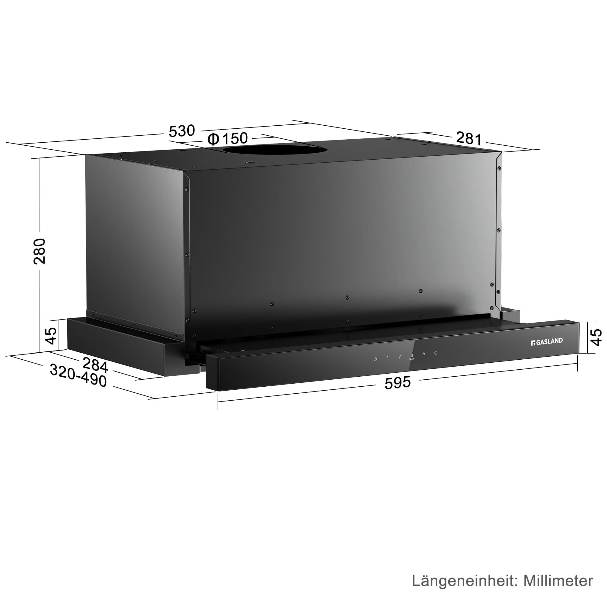 GASLAND BR60BS A++ okap wyciągowy 60 cm Umluft, szklany przód z czujnikiem dotykowym, wbudowany okap 566 m³/h, czarny cichy kaptur z filtrem węglowym CF176