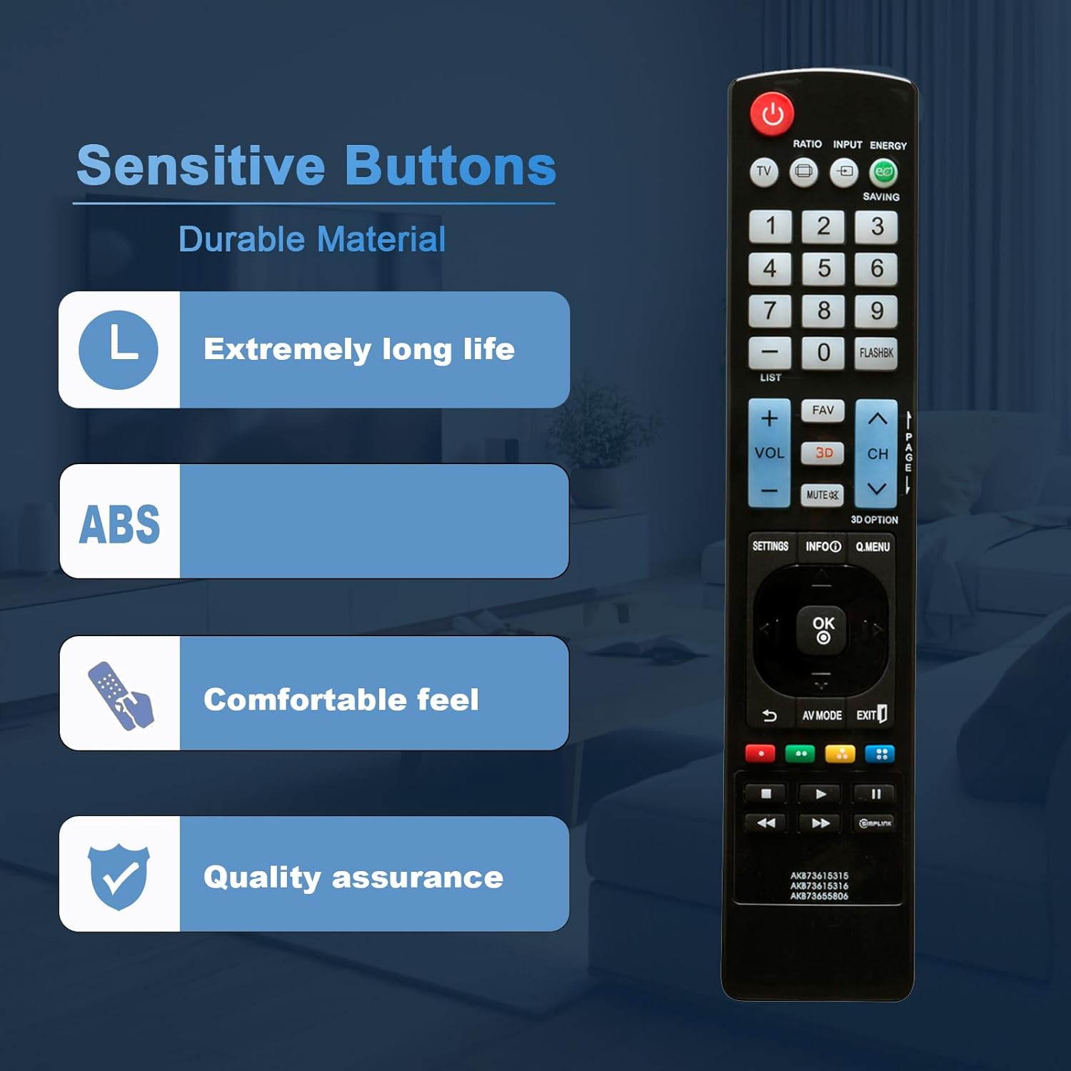 Close-up of the remote control highlighting its durable material and sensitive buttons.