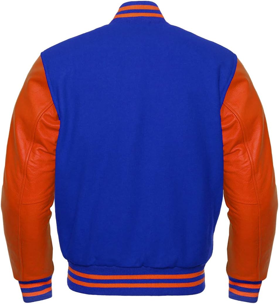 Men's Classic Letterman Baseball Wool & Genuine Orange Leather Sleeves Varsity Jacket