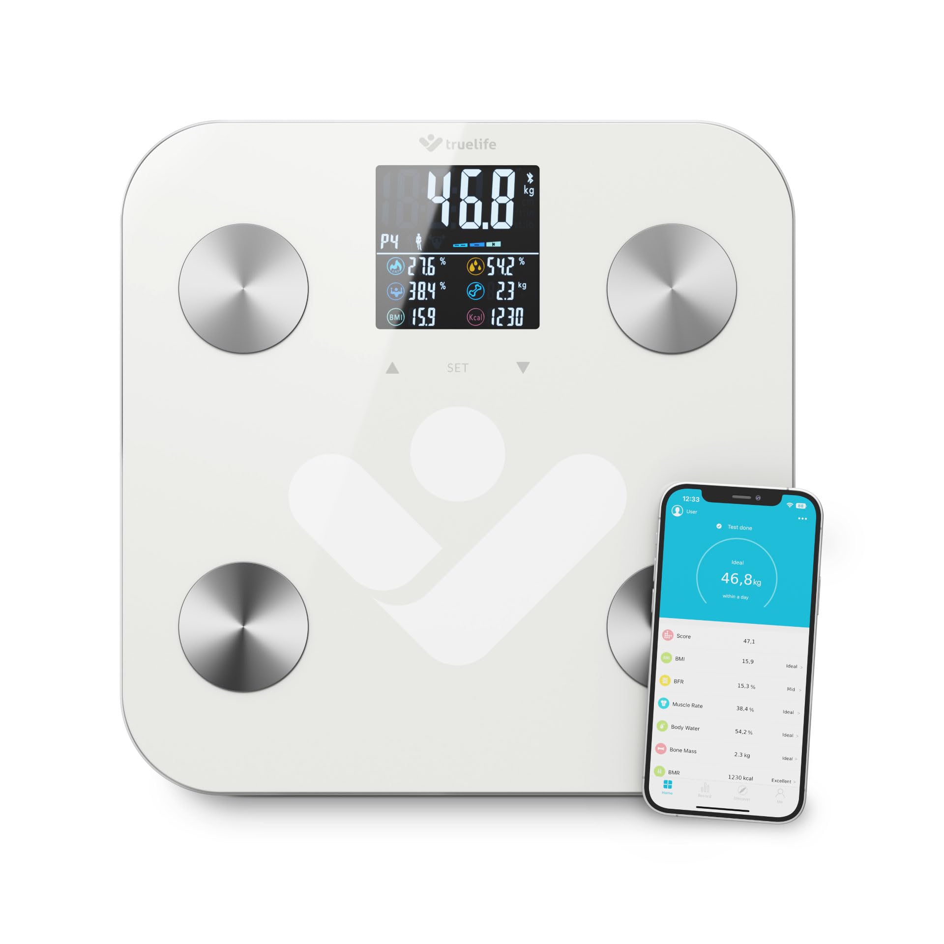 TrueLife FitScale W6 BT Personendiagnostische Bluetooth-Waage, Messung mit bioelektrischer Impedanzanalyse, 19 messbare Körperindizes, farbiges LCD-Display, bis zu 8 Benutzer, mobile App