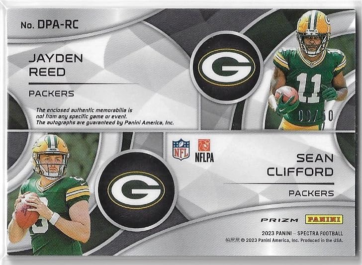 Jayden Reed & Sean Clifford Autographed & Serial Numbered #09/50 Rookie Card Double Patch Autograph Game Used Jersey Relic Memorabilia Collectible Football Card - 2023 Panini Spectra Football Card #DPA-RC (Packers)